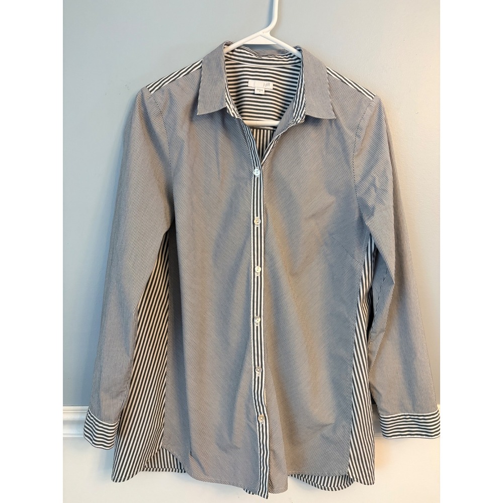 J. Jill Striped Long Sleeve Button Down Tunic Shirt Grey White Medium